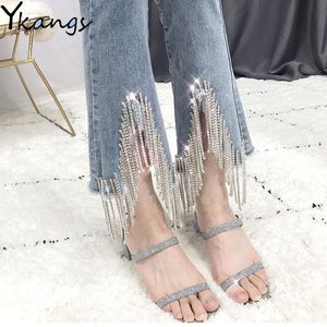 Kvinnors Jeans Diamonds Tassel Rhinestones Hög midja Stretch Skinny Mamma För Kvinnor Push Up Flared Kvinna Denim Bell Bottoms Byxor