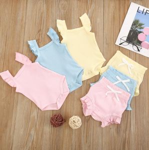 Clothing Sets Summer Baby Girl Lace Up Pants Suit Square Neck Short Ruffle Sleeve Romper Loose Flouncing Shorts Casual Baby's