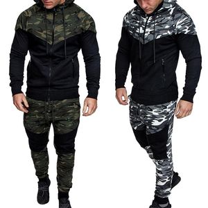 Hommes Casual Camouflage Imprimer Ensembles Camo Veste + Pantalon 2PC Survêtement Sportwear Sweat-shirt Pantalon Costume Plus Taille 211222