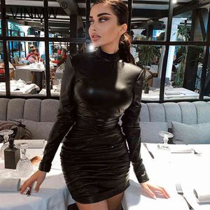 LVINMW PU Pleated Patchwork Mock Neck Long Sleeve Dress Black Sexy Chic Slim Dresses For Women Autumn Leather Bodycon Club Party G1214