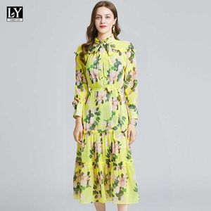 Ly Varey Lin Spring Women Dress Lace Up Stand Collar Print Elegant Chiffon Lady Midi Long 210526