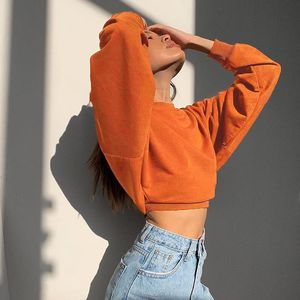 Women's Hoodies & Sweatshirts MUICHES Sport O-Neck Short Pullovers Woman Batwing Sleeve Showing Waist Orrange Basic Solid Tops 2021 Autumn F