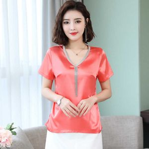 Summer Casual Silk Women Blouses Satin Tassel V-Neck Short Sleeve Pink Shirts Plus Size XXXL Blusas Femininas Elegante 210531