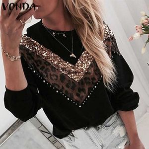 Kobiety dzianiny sweter jesień z długim rękawem sweter z dzianiny Vonda 2021 Kobieta Leopard Patchwork Bluzka damska sweter X0721