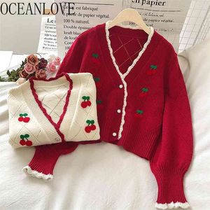 Oceanlove Haftowane Cardigans Knit Nosić Sweet Sweet Puff Sleeve Short Mujer Chaqueta Autum Zima V Neck Cherry Sweter 18958 210922