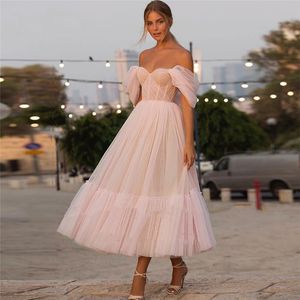 Puffy Linia Dot Tulle Prom Dresses Blush Różowy 2021 Długość herbaty Off Ramię Elegancka recepcja Dress Suknie zaręczynowe