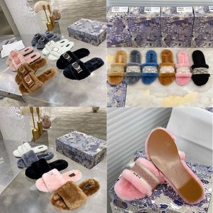 Wool Women Slippers Solid Color Embroidery Trendy Flip Flop Winter Genuine Leather Original Rubber Non slip Wear Resistant Bottom Sheep Dupe Plush Sandals Box