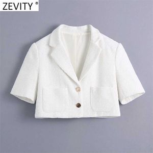 Zevity Womenファッションダブルポケットパッチ甘いショートツイードウールブレザーコートビンテージ女性ボタンアウターシックトップスCT720 211019