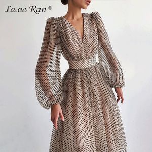 Abiti midi a vita alta a pois Donna con scollo a V Dolce manica lunga a sbuffo Abito elegante Donna 2021 Abiti da festa per signora di Natale 210303