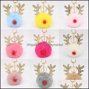 Schlüsselanhänger Schmuck Pelz Pom Schlüsselbund Gefälschte Kaninchen Haar Ball Porte Clef Pompom De Fourrure Flauschige Tasche Charms Weihnachten Geweih Schlüsselring Drop Lieferung