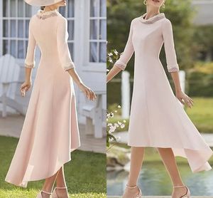 Elegant Asymmetrical Satin Mother of the Bride Dress 2022 Jewel Half Sleeve Beads Pearls Bridal Party Gown Robe De Soiree