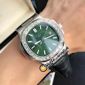 GDF 40mm 5711/1300A-001 5711 Orologi sportivi Miyota 8215 Orologio automatico da uomo Quadrante verde strutturato Cinturino in pelle nera con diamanti quadrati grandi Hello_Watch HWPP G28E (4)