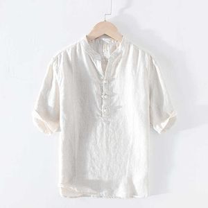 Yaz Kısa Kollu Gömlek Erkekler için 100% Saf Keten Rahat Moda Katı Beyaz Kazak Tops Erkek Yaz Giyim 210601