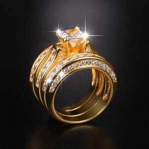 Klaster Rings Handmade 925 Silver 14kt Gold Ring Set 3-In-1 Luksusowy 20CT 7 * 7mm Princess-Cut Diamond Cocktail Wedding for Women Jewelry