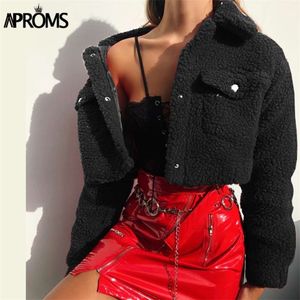 Aproms Mode Black Fickor Knappar Jacka Långärmad Slim Crop Top Winter Coat Cool Girls Streetwear Short Jacket 210928