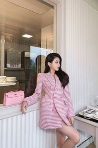 Nowy projekt damski moda Down Down Pink Houndstooth Siatka z podwójnie piersi wełniana wełniana wełniana płaszcz Blazer SML