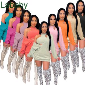 Женщины Большой V-образные вырезывания свитер платье жилет двух частей костюма дизайнер сплошной цвет с длинным рукавом повседневные платья юбка 9 цветов