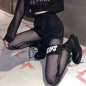 2021 Sweatpants Trousers Women's Sports High-Waisted Byxor Fishnet Streetwear Loose Patchwork Letter Cutout Mesh Pants Bottom Y211115