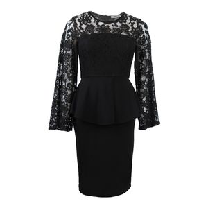 Svart spets kvinnlig sexig peplum klänning kontor damer arbete slitage patchwork bodycon elegant stilig fest klänningar kväll plus storlek 210527