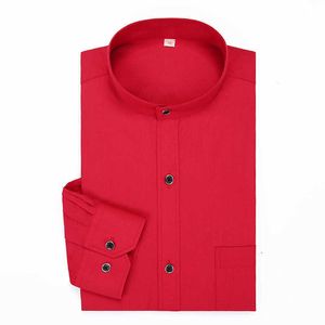 Stand Collar Mens Dress Shirts Solid Color Long Sleeve Chinese Style Mandarin Collar Red Casual Classical Formal Brand Shirt Man 210609