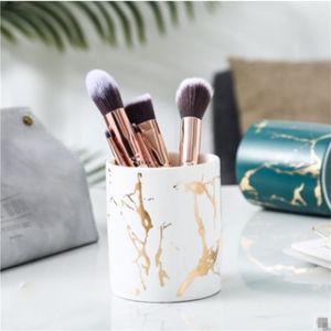 MT Nordic Marble Pattern Pen Holder Cosmetic Brush Storage Box Makeup Ceramic Jar Home Table Decoration Container 210922