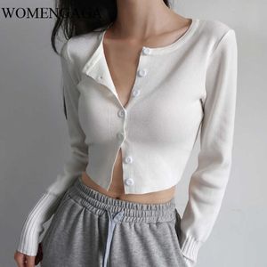 Womengaga American Slim Round Neck Solid Färg Enstaka Breasted High Waist Full Sleeve Stickad Bottoming Cardigan Sweater DNKJ 210603