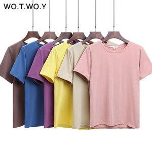 WOTWOY夏の綿Tシャツの女性の緩いスタイルのソリッドティーシャツ女性半袖トップティーOネックTシャツ女性12色210722