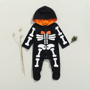 MaBaby 0–12 Monate, mein 1. Halloween-Kostüm, geborenes Kleinkind, Junge, Mädchen, Overall, langärmelig, Skelett-Druck, Strampler, DD40, 211101