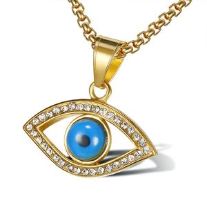 Hip Hop Iced Out Bling Blau Böse Augen Halsketten Gold Farbe Edelstahl CZ Auge Anhänger Halskette Türkischen Schmuck Drop