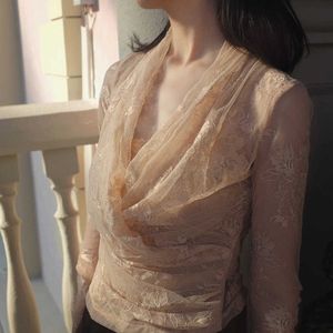 Spring Summer Mesh Lace Organza Base Gold Two Piece Full Sleeve Transparent Blouse Korean Shirts Vintage Blouses Tops R7BQ 210603