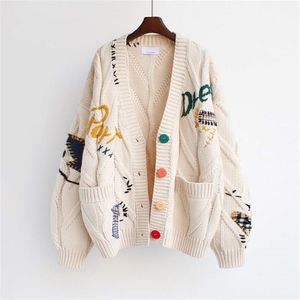 겨울 옷감 스웨터 카디건 캐주얼 Y2K 스타일 편지 자수 s 느슨한 짧은 니트 탑 코트 210914