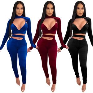 Mulheres de duas peças Calças Cutubly Manga Longa Mulheres Conjunto De Tracksuit Outono Veludo Veludo Sólido 2 Peças Deep V Crop Top Corte Outfits Outfits