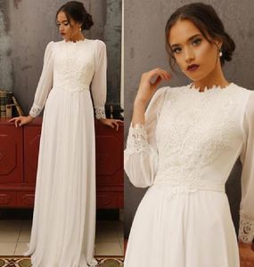 2022 Frence Lace Wedding Dress A Line Designer Long Sleeves Modest Muslim Bridal Gowns Chiffon Floor Length White Ivory Plus Size Lady Marriage Dressses