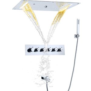 Chrome Polished Thermostatic Bathtub Shower System 700X380MM embed ceiling Waterfall Spray Bubble Rain LED Bath Head With Handheld