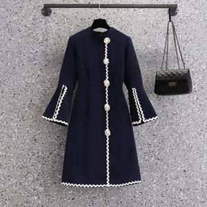 Casual Dresses M-4XXWomen Fransk Vintage Flare Ärm för Kvinnor O Neck Pearl Knapp Office Ladies ElegantBlack Midi Korean Cobe
