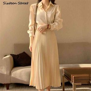 Apricot Elegant Shirts Dress Woman High Waist Long Sleeve Vestidos Clothing Chic Korean Pleated Dresses Female Spring 210603