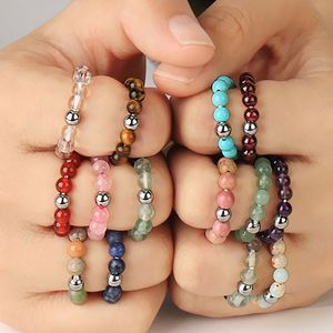 4mm Natural Energy Stone Bead Silver Plated Handmade Elastic Band Rings For Women Girl Party Club Decor Jewelry