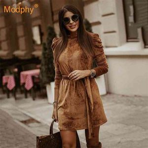 Korean Chic Elegant Turtleneck Dress Women's Spring Autumn Velvet Slim Fit with Belt Female Party Mini Dresses 210527