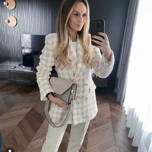 Women's Suits & Blazers Woman Sweet Beige Slim Plaid Tweed Blazer 2021 Autumn Female Textured Outwear Offices Ladies Double Breasted Basic