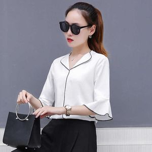 Women Summer Simple Style Chiffon Blouses Shirts Lady Office Work Wear OL Blusas Short Flare Sleeve Notched Tops DF2973 210609