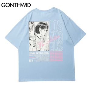 Gonthwid Tshirts Streetwear Harajuku Casual Mężczyźni Cartoon Anime Dymienie Dziewczyna Drukuj Krótki Rękaw Bawełniane Koszulki Hip Hop Tees Topy 210629