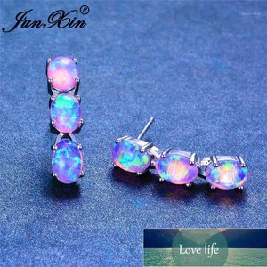 Stud JUNXIN Luxury Oval Stone Blue White Fire Opal Earrings For Women Silver Color Green Purple Bar Wedding Jewelry1