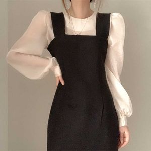 O Neck Long Sleeve Micro Transparent Blouse Puff Sleeve Tops Slim High Waist Pleated Black Tank Dress Women Fashion OL Retro 210610