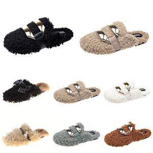 Fashion autumn winter womens slippers metal chain all inclusive wool slipper for women triple black white outer wear plus big szie Muller half drag shoes