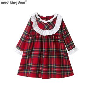 Mudkingdom menina xadrez vestido longo manga bonito colarinho primavera e outono pétala a linha 210615