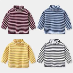 春の秋冬2-10年子供の綿のハイネック長袖基本タートルネックストライプTシャツのためのTシャツのための赤ちゃん男の子210625
