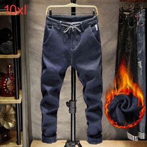 Oversized plus fleece thick jeans Blue male winter youth loose plus size warm pants high waist male large jeans 8xl 9xl 10xl G0104