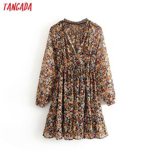 Tangada Moda Mulheres Doces Flores Impressão Chiffon Dress V Neck Stretch Cintura Longa Manga Ladies Mini Vestido Vestidos 3H361 210224