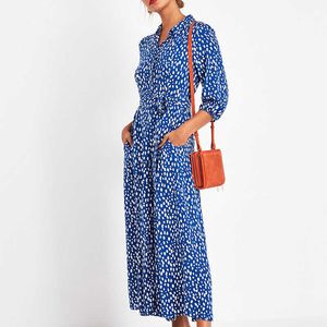 Polka Dots Skriv ut Tre fjärdedelar Slå ner Krage Bandage Pocket Dress Kvinnor Boho Casual Loose Streetwear Beach Chiffon Dresses 210608