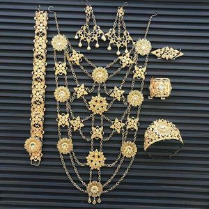 Fashion Dubai large jewellery set chain necklace earrings corsage belt bracelet crown six piece Algerian woman wedding jewellery H1022